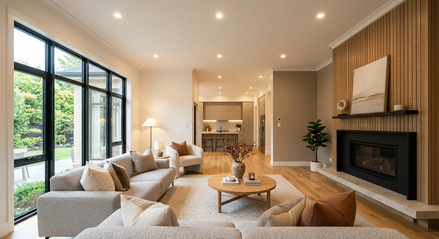 A welcoming contemporary home interior with attractive finished recessed lighting and warm natural light.